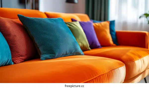 Orange Sofa with Colorful Cushions Interior Design