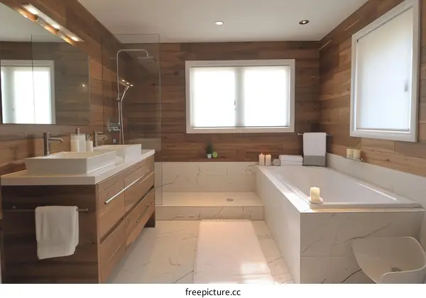 Modern Wooden Bathroom with Marble Accents