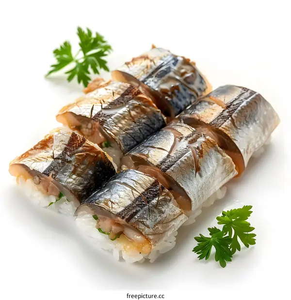 Smoked Mackerel Sushi Rolls on White Background