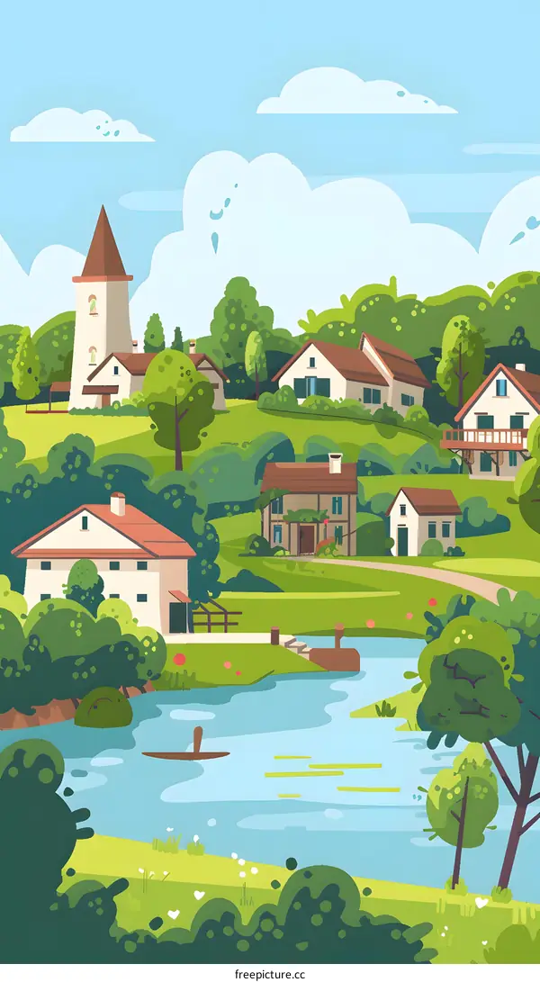 Summer Landscape with Village Houses and River