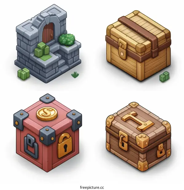 isometric treasure chests and stone door