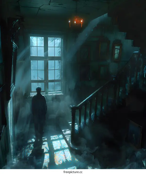 man looking out the window in an abandoned mansion