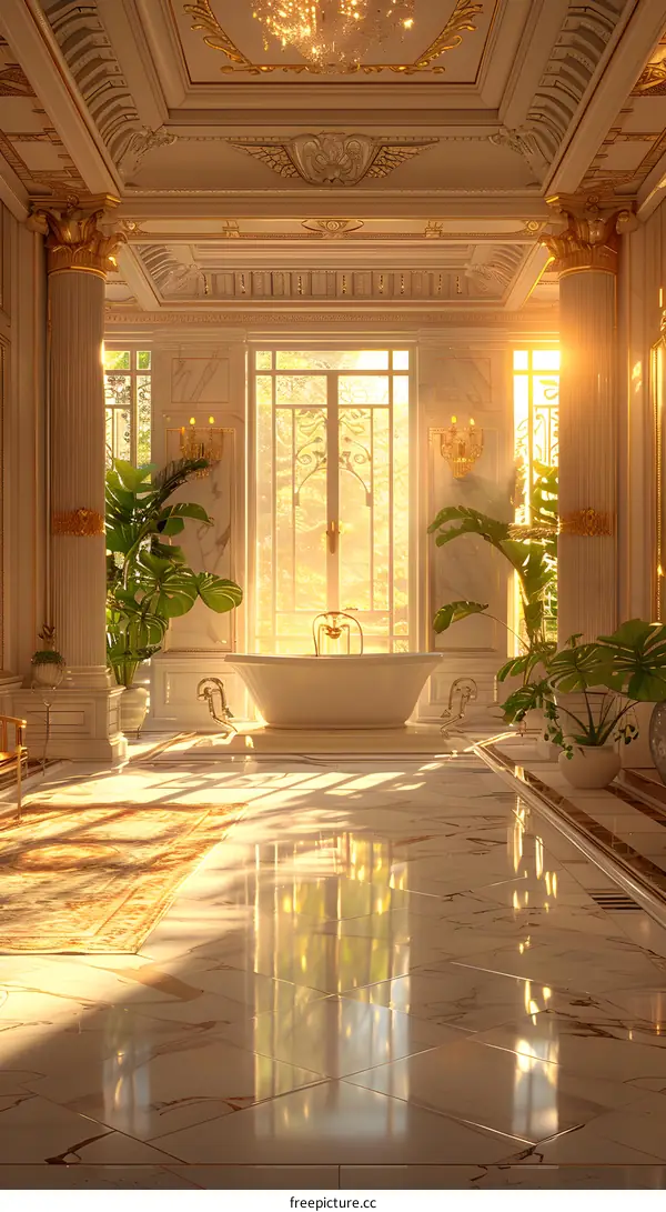 European style bathroom with large windows and plants