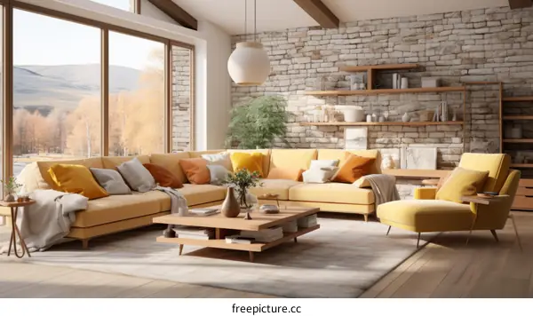 Modern living room interior with large windows, stone wall, wooden shelves and yellow sofa