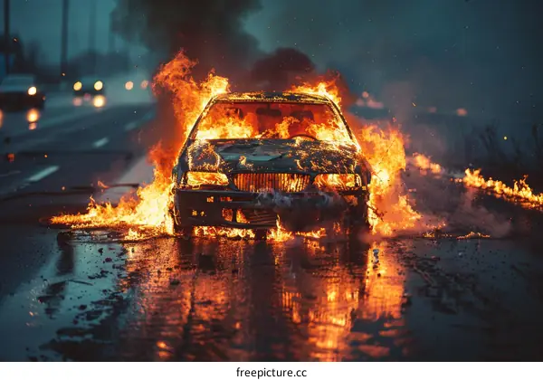 Car on fire at night with flames and smoke