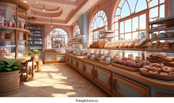 European Style Bakery Shop Interior with Decorative Pink Walls and Blue Counters Displaying Various Breads and Pastries