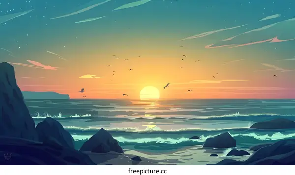 Sunset Seascape with Birds Flying