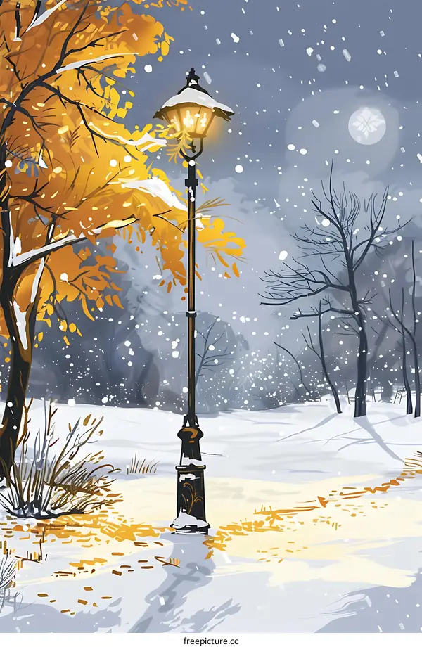 Snowy Winter Night with Street Light and Moon
