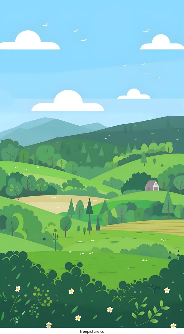 Green Landscape with Rolling Hills and a Small House