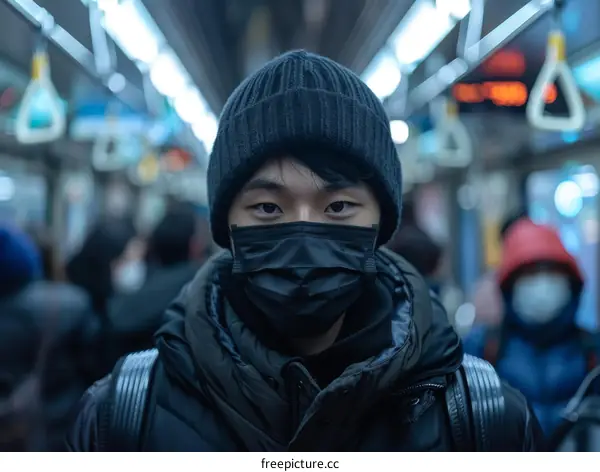A young man wearing a mask on a crowded train