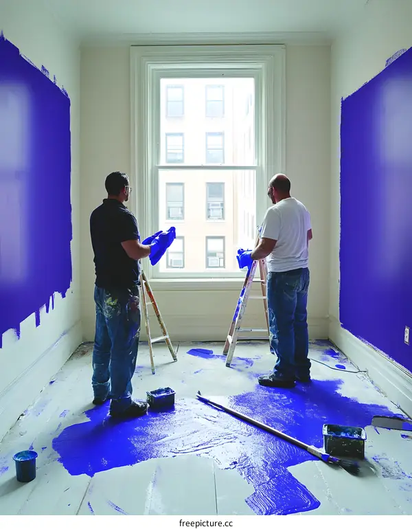 Two Men Painting A Room With Blue Paint