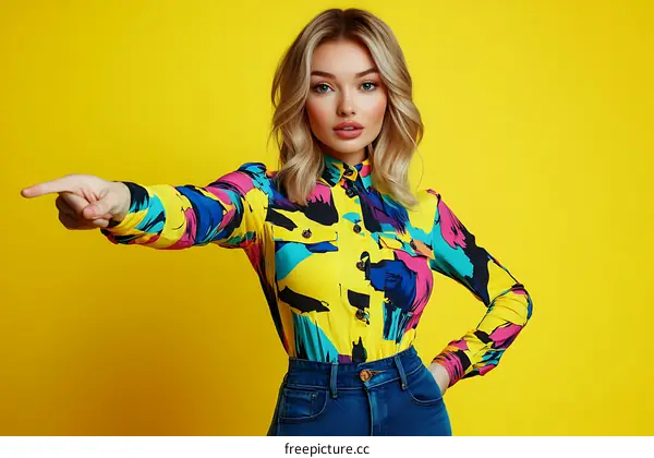 Fashionable Woman in Colorful Shirt Points Forward
