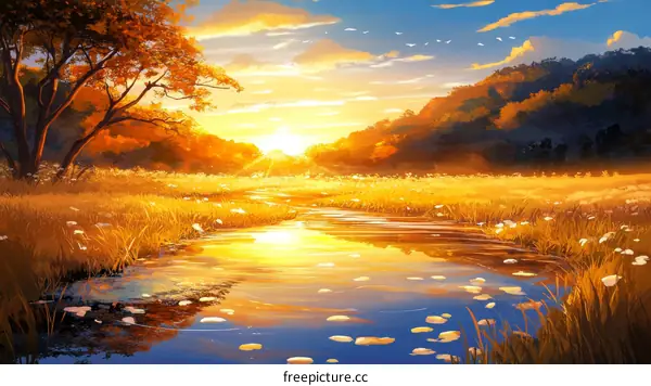 Golden Sunset over a Peaceful Meadow