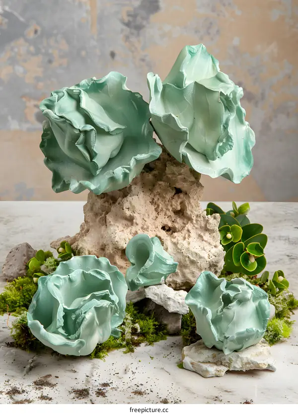 Green Ceramic Flowers On Rock Background