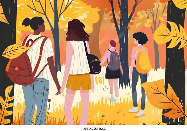 Friends Hiking In The Autumn Forest