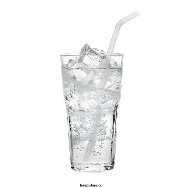 [Transparent Background PNG]Glass of Cold Sparkling Water with Ice Cubes and Straw