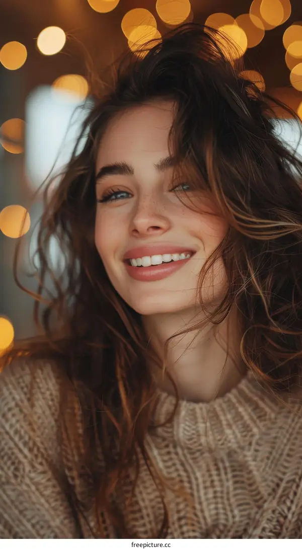Closeup Portrait of a Young Woman Smiling with Bokeh Lights in the Background
