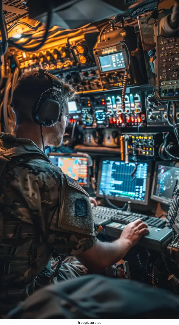 A soldier operates a variety of military technology in the back of an aircraft.