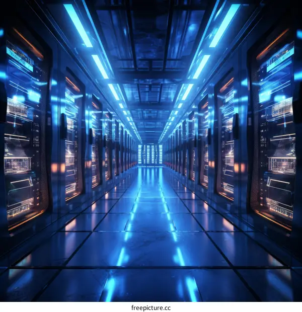 Futuristic server room with blue lights illuminating the aisle between server racks