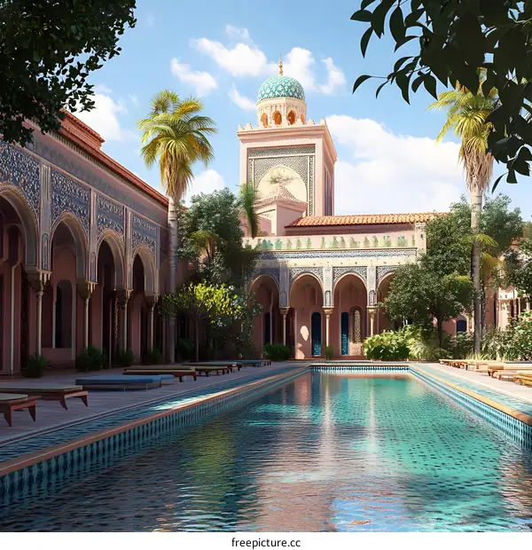Traditional Islamic Architecture with a Pool in a Garden