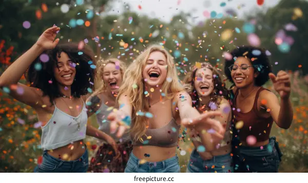carefree young women celebrating with confetti in nature
