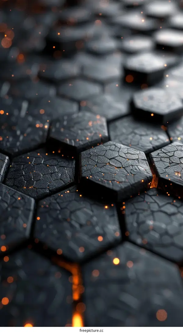 Glowing Black and Orange Hexagon Background
