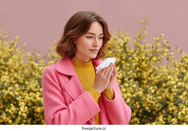 Woman in Pink Coat  with Tissue Outdoor