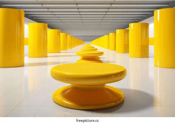 Futuristic Yellow Room with Cylindrical Columns and Benches