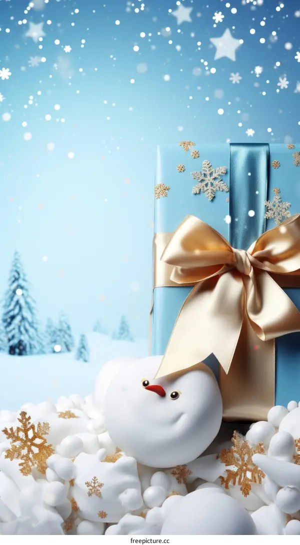 Blue and white Christmas present with a gold ribbon and a snowman