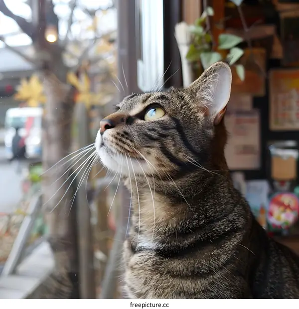 A ginger cat is looking out the window