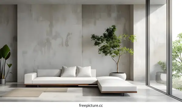 Modern Living Room Interior Design with White Sofa and Green Tree
