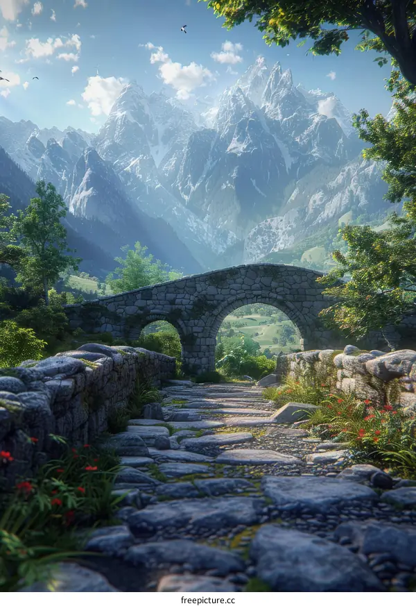 Stone Bridge in a Picturesque Valley with Mountain Views