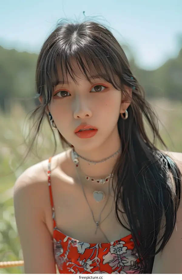 Asian Woman with Long Black Hair in a Red Floral Dress Posing Outdoors