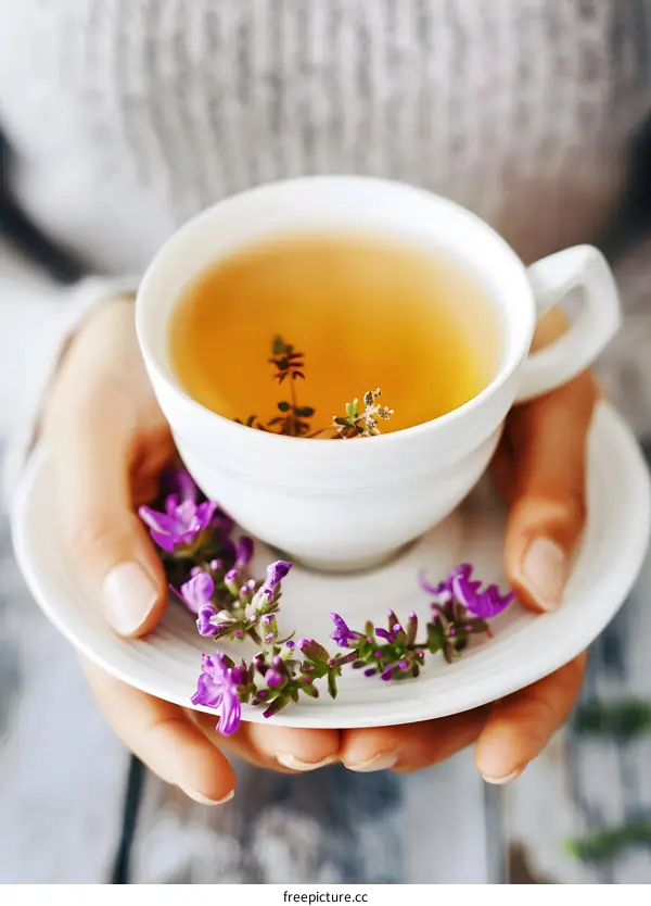 Cup of Herbal Tea with Flowers in Hands