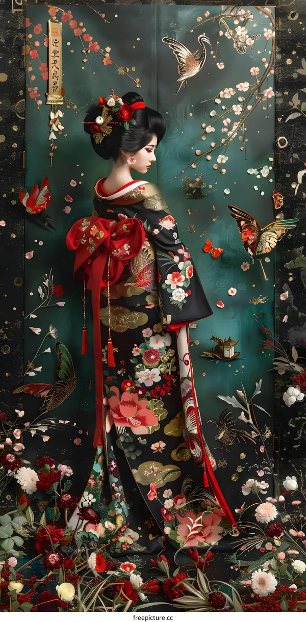 A woman wearing a kimono with a floral pattern and a red bow in her hair standing in front of a dark green background with a pattern of flowers, birds, and butterflies.