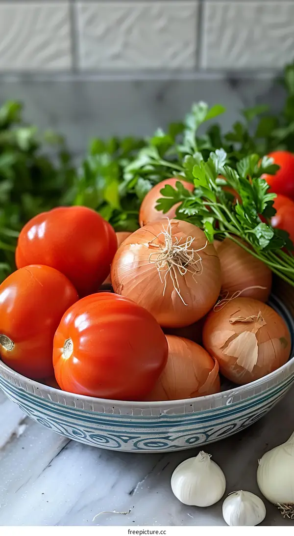 Fresh Ingredients: Tomatoes, Onions, and Garlic in a Bowl
