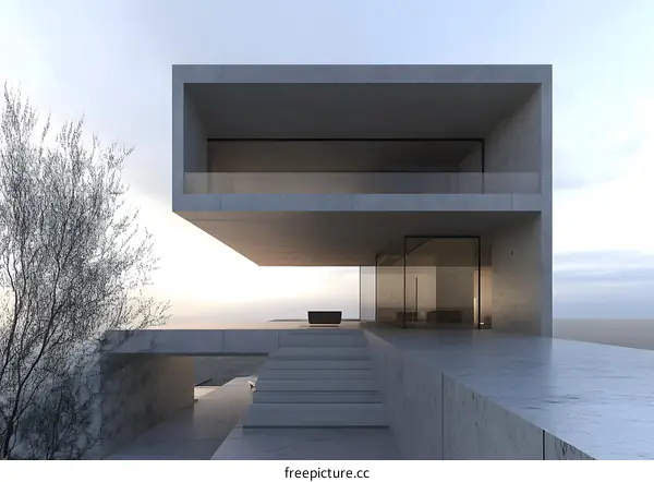 Modern Concrete House with Balcony and Stairs