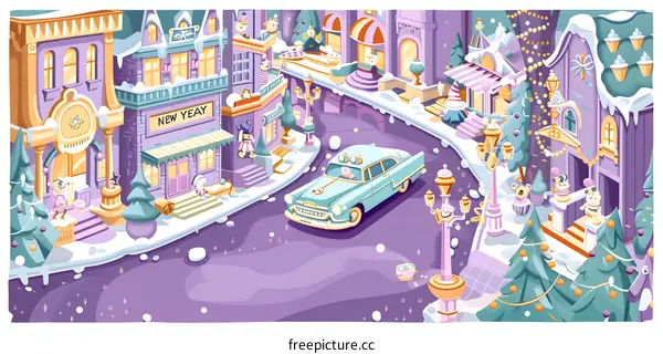 Winter Village Illustration with Car and Christmas Trees