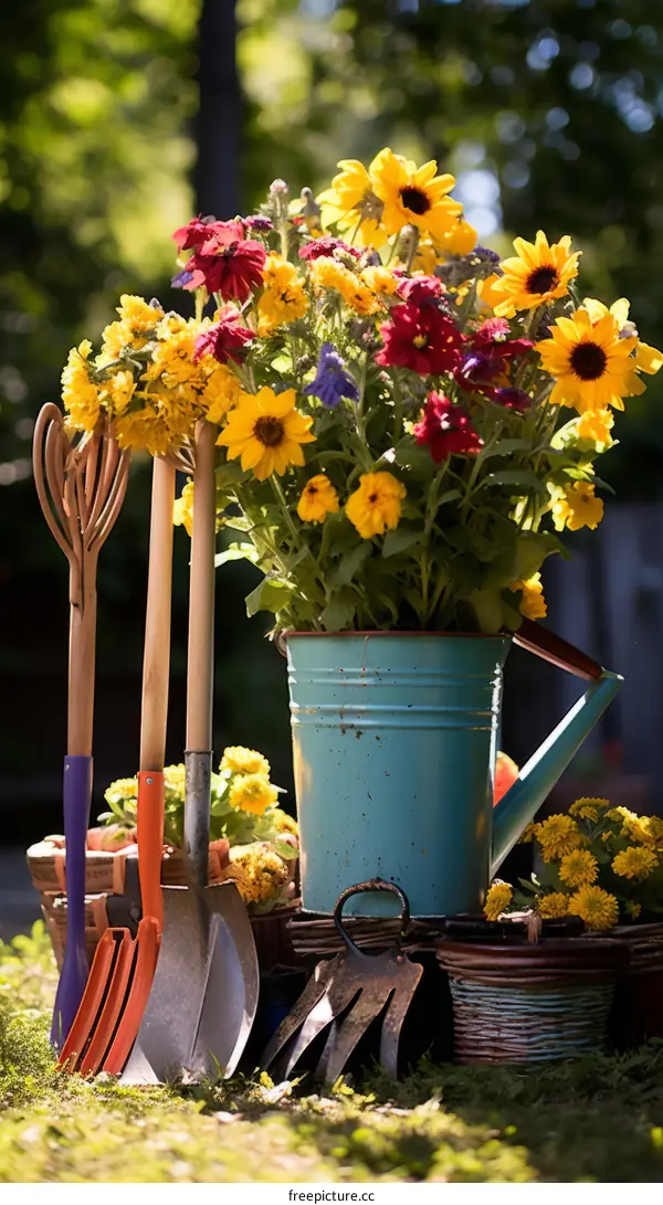 Blue Bucket with Flowers and Gardening Tools