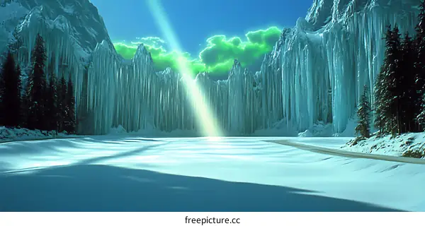 Frozen Mountain Range With Light Beam