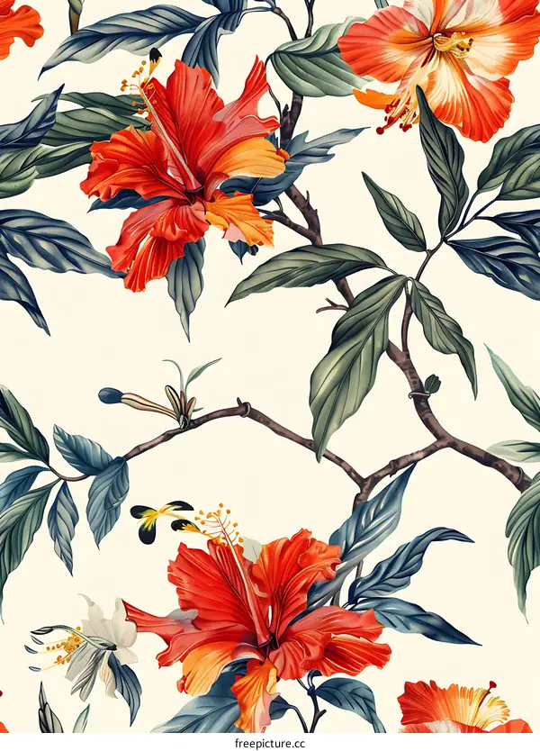 Floral Pattern with Red and Yellow Hibiscus Flowers