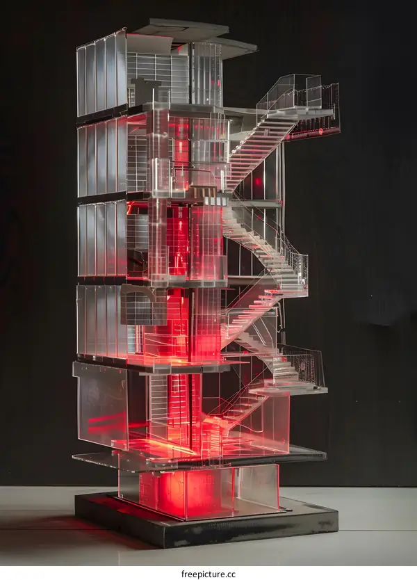 Transparent Building Model with Red Light Illumination