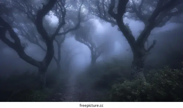 Foggy path in the middle of a spooky forest