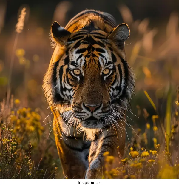 A fierce tiger walking through a field of yellow flowers
