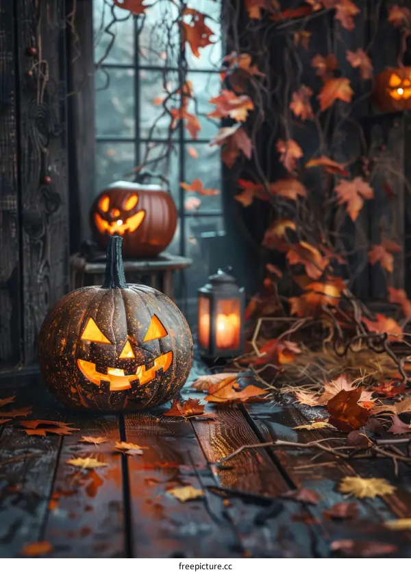 Spooky Halloween Pumpkins in Autumn Setting