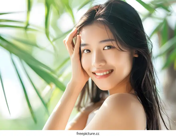 Beautiful Asian Woman Smiling with Lush Green Leaves