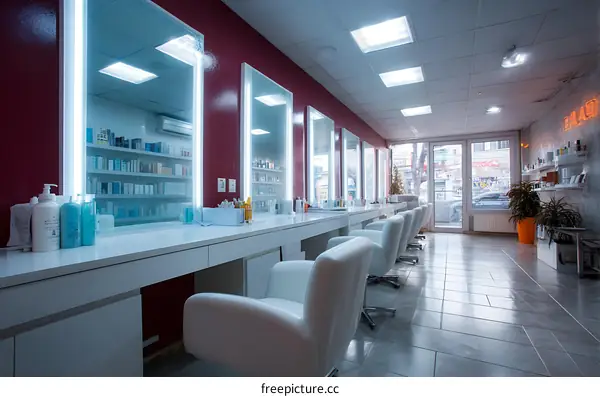 Modern Salon Interior Design with White Furniture and Mirrors