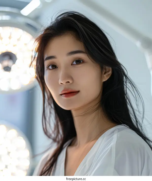 Portrait of a young Asian woman with long black hair wearing a white shirt in a brightly lit room