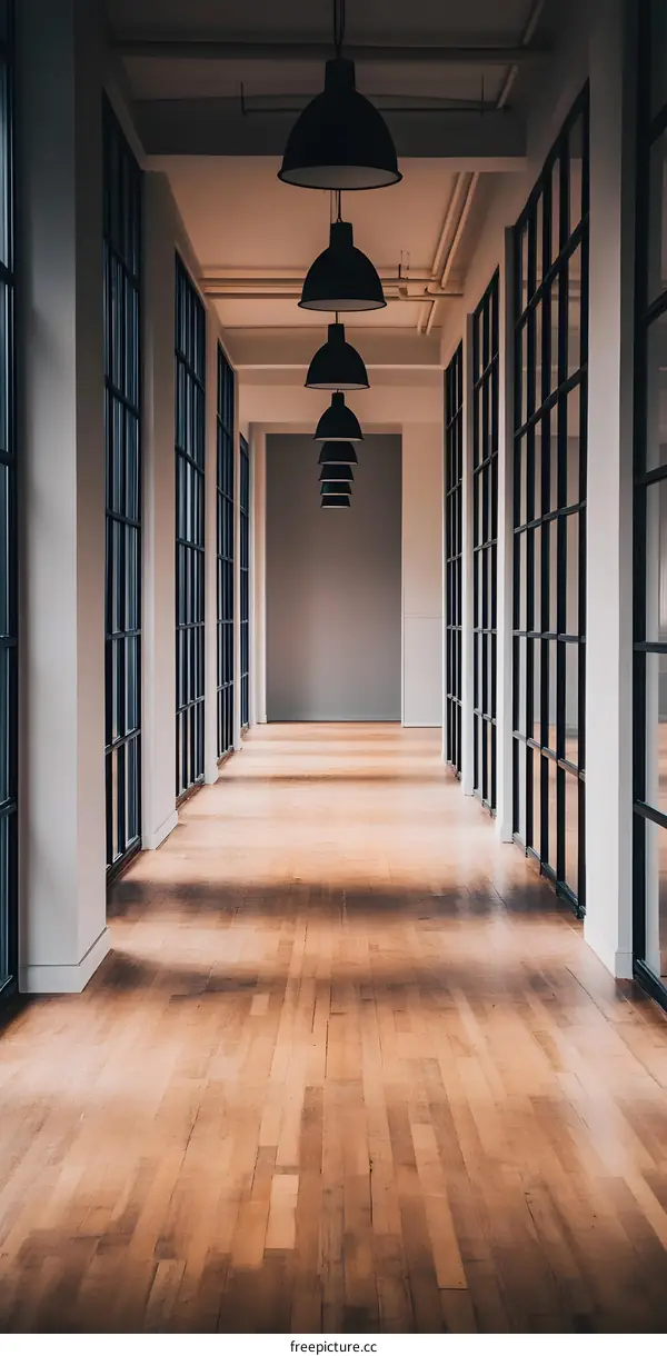 Modern Interior Design With Wooden Floor and Black Ceiling Lights