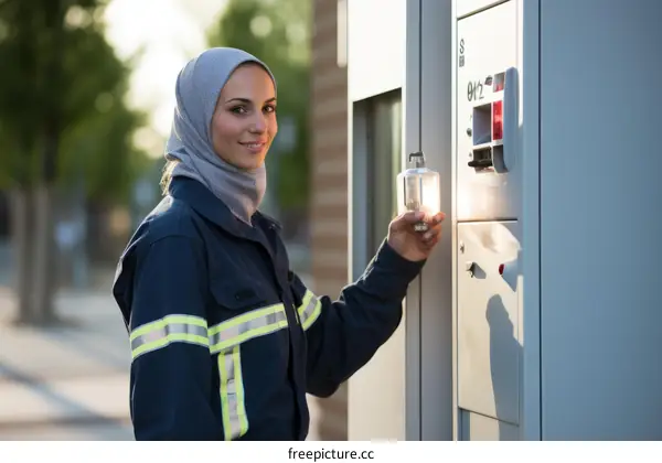A smiling young woman wearing a hijab and work clothes is opening a fire hydrant.